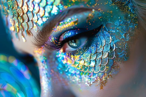 Close up of woman's beautiful eye with mermaid Halloween costume makeup. Generative AI, AI