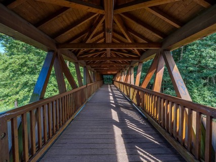 Covered wooden bridge, Baalensee bridge over the Havel between Schwedtsee and Baalensee, panoramic