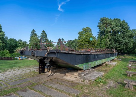 Historic railway ferry, monument on the banks of the Havel in Fürstnberg/Havel. Ferry service
