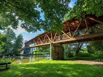 Covered wooden bridge, Baalensee bridge over the Havel between Schwedtsee and Baalensee, panoramic