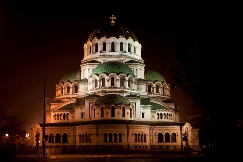 Alexander Nevsky cathedral illuminated at night (Sofia, Bulgaria)