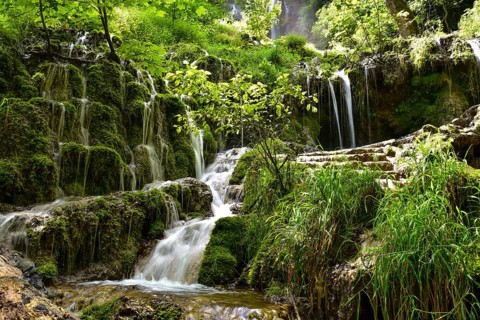 Waterfall at the Brühlbach stream in Bad Urach in the Swabian Alb, Baden-Württemberg, Germany,