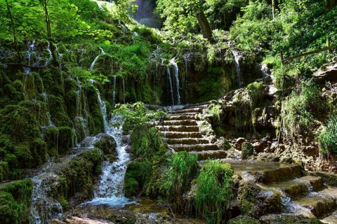 Waterfall at the Brühlbach stream in Bad Urach in the Swabian Alb, Baden-Württemberg, Germany,
