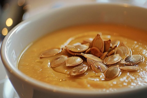 Close up of creamy pumpkin soup with seeds. Generative Ai, AI generated