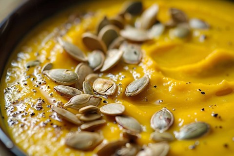 Close up of creamy pumpkin soup with seeds. Generative Ai, AI generated