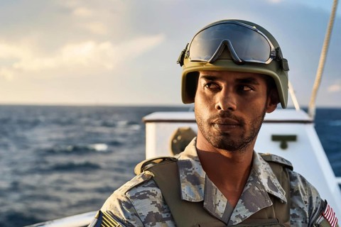 Soldier in uniform and helmet looks from the ship to the sea, AI generated, AI generated