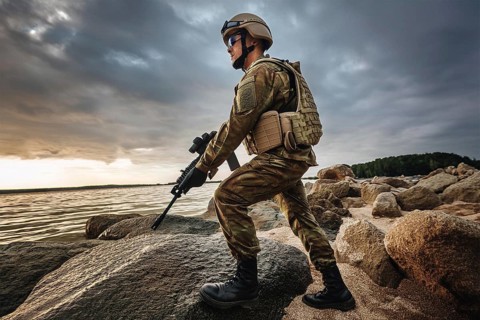 A soldier in uniform and helmet with a weapon stands on rocks by the ocean under a stormy sky, AI