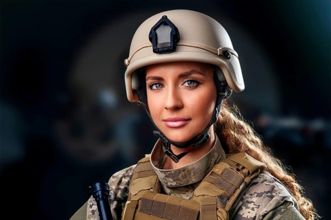 Portrait of a determined female soldier with helmet and uniform in front of a dark background, AI