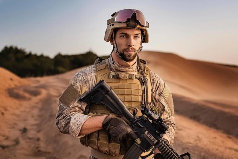 A soldier in uniform and helmet with a weapon stands in a sandy desert landscape at sunset, AI