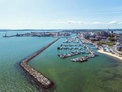 Harbour and Marina over Poole Quay from a drone, Poole, Dorset, England, United Kingdom, Europe