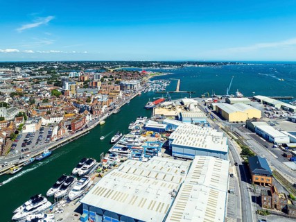 Harbour and Marina over Poole Quay from a drone, Poole, Dorset, England, United Kingdom, Europe