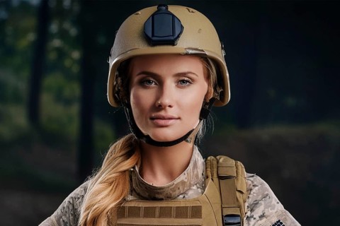Portrait of a determined female soldier with helmet and uniform in front of a nocturnal forest