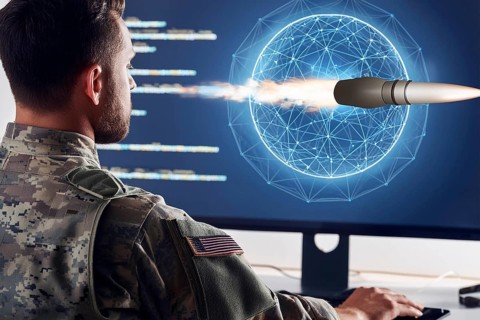 A soldier in camouflage uniform sits in front of a computer screen, missile, AI generated, AI