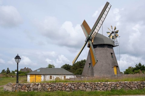 Amrum windmill with museum, fog, Amrum, North Sea island, North Frisia, Schleswig-Holstein,