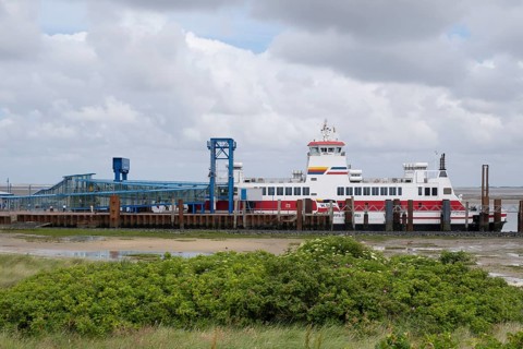 Ferryboat at the ferry terminal, harbour, Wittdün, Amrum, North Sea island, North Frisia,