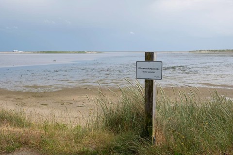 Landscape at the Kniephaken, Sign, Coastal defence system, Do not enter, North Sea coast, Amrum,