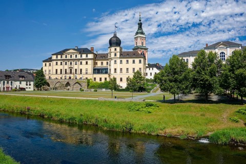 Neoclassical Lower Castle and St Mary's Evangelical-Lutheran Town Church on the River Weisse