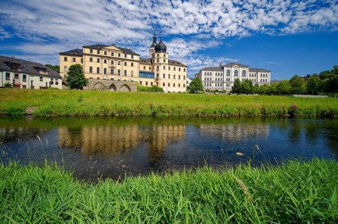 Classical Lower Castle and G. E. Lessing State School on the River Weisse Elster, residential town