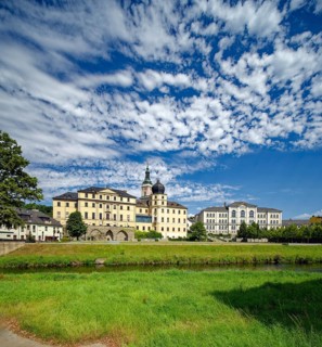 Classical Lower Castle and G. E. Lessing State School on the River Weisse Elster, residential town