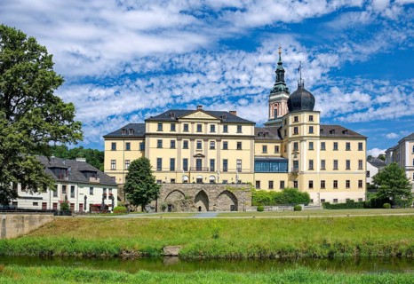 Neoclassical Lower Castle and St Mary's Evangelical-Lutheran Town Church on the River Weisse