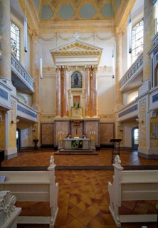 Protestant town church of St Mary with galleries and altar, interior view, residential town of