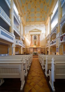 Protestant town church of St Mary with galleries and altar, interior view, residential town of