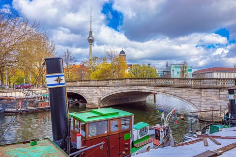 Old ships in the Spree Canal, historic harbour, Berlin, Germany, Europe