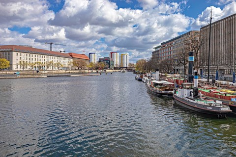 Old ships in the Spree Canal, historic harbour, Berlin, Germany, Europe