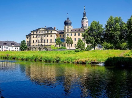 Classical Lower Castle on the River Weisse Elster, residential town of Greiz, Thuringia, Germany,