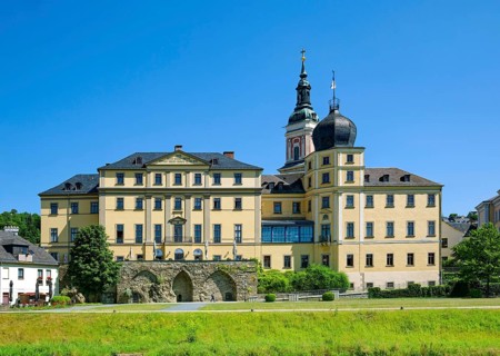 Classical Lower Castle on the River Weisse Elster, residential town of Greiz, Thuringia, Germany,