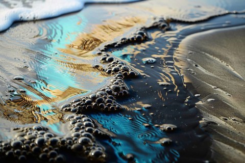 Oil layer on ocean water at beach. Generative Ai, AI generated