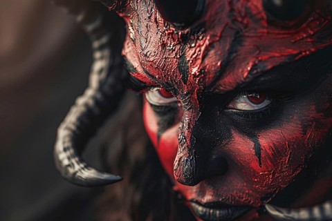 Close up of woman's face with evil red devil Halloween makeup costume. Generative AI, AI generated