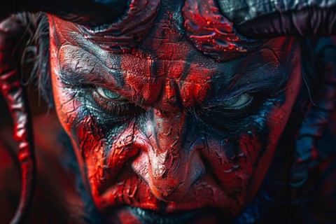 Close up of man with evil red devil Halloween makeup costume. Generative AI, AI generated