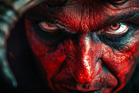 Close up of man with evil red devil Halloween makeup costume. Generative AI, AI generated