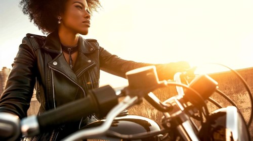 Woman in a leather jacket on a motorcycle, illuminated by golden sunset light, conveying a sense of