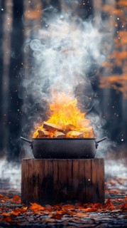 Campfire with a pot on a wooden stump in an autumn forest, with smoke rising into the twilight