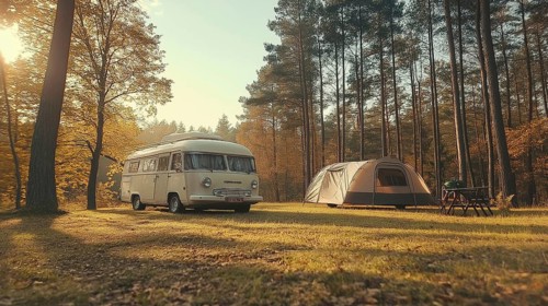 Vintage van and tent set up in a sunny morning forest for a nostalgic camping moment, AI generated