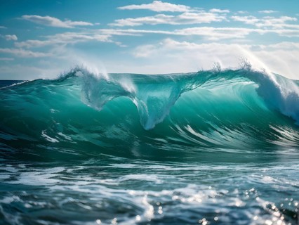 Ocean wave cresting with foam water glistening under sunlight, AI generated