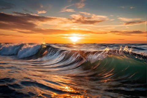 Ocean wave cresting with foam water glistening under sunlight, AI generated