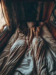 Two people lying close together in a bed in a cozy, dimly lit wood-paneled room, AI generated