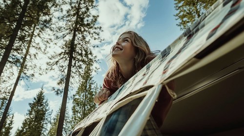 A smiling girl leaning out of a camper, looking up at the sky surrounded by tall trees, AI
