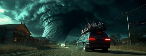 People driving away from a massive tornado with storm clouds, loading bicycles on a station wagon
