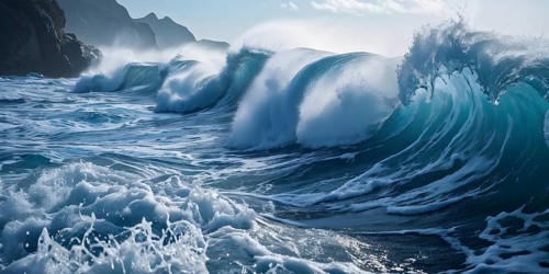 Ocean wave cresting with foam water glistening under sunlight, AI generated