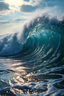 Ocean wave cresting with foam water glistening under sunlight, AI generated