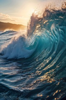 Ocean wave cresting with foam water glistening under sunlight, AI generated
