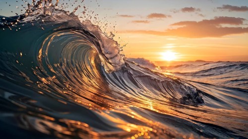 Ocean wave cresting with foam water glistening under sunlight, AI generated