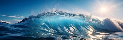 Ocean wave cresting with foam water glistening under sunlight, AI generated