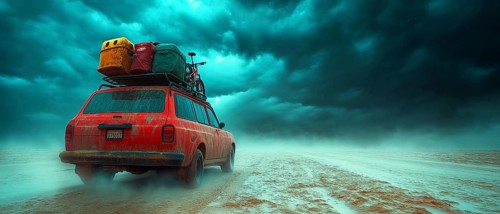A station wagon loaded with luggage drives across a sandy landscape under a threatening stormy sky,