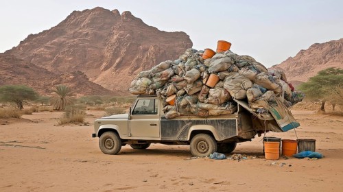 An off-road Land Rover with an overloaded roof of bags and buckets, set against a desert landscape
