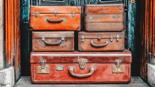 A stack of vintage suitcases of different sizes and colors, placed in front of a wooden wall, AI